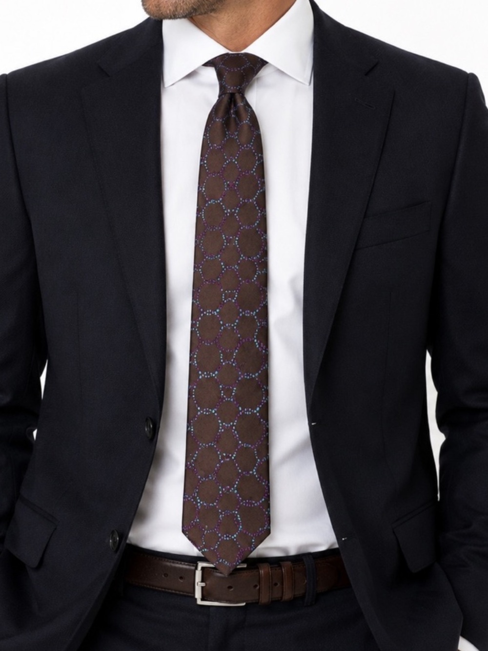 Chelsea by Robert Talbott Brown Silk Tie Purple Blue Circle Geometric USA